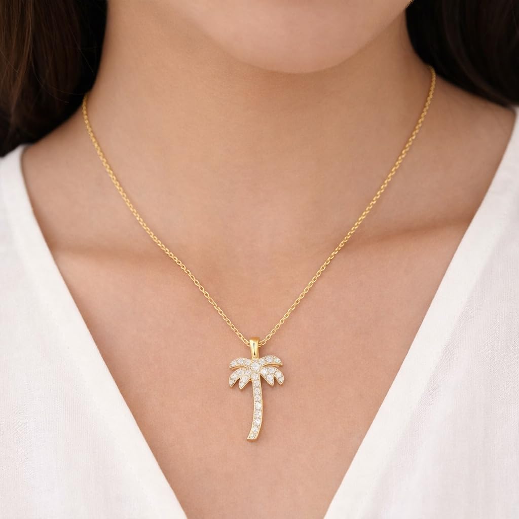 SUPAC Crystal Palm Tree Pendant Necklace, 18.7 Inch Gold Chain, Rhinestone Tropical Charm