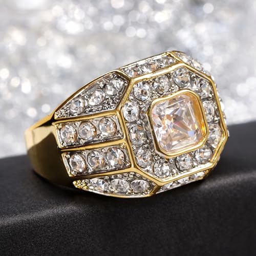 SUPAC Men's Party Ring with Rhinestone Gems: Sparkling Simulated Diamond Ring, Alloy-crafted, Gold-Plated for Exquisite Shine - the Ideal Hip-Hop Style Accessory for Social Events & Daily Wear