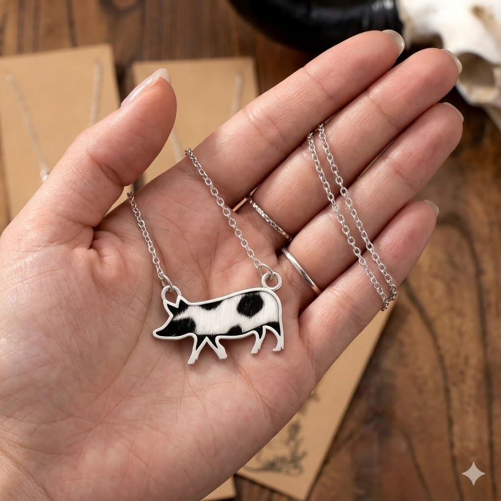 SUPAC Western Farm Animal Pendant Necklace, Cow, Horse, Goat, and Pig Hide - Silver Chain, 15.35 inch + 1.97 inch Extension