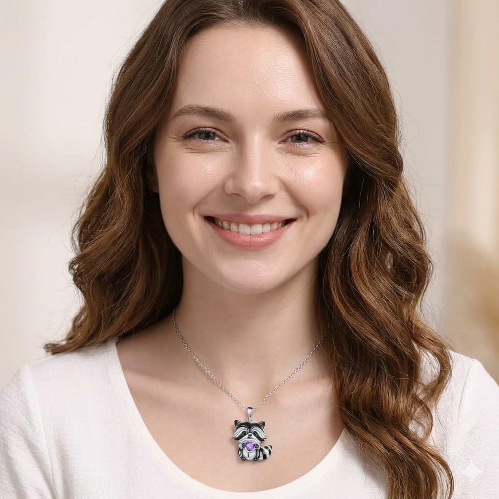 SUPAC Smiling Raccoon Necklace, Holding a Blue Heart, Silver and Black - Racoon Jewerly Gift