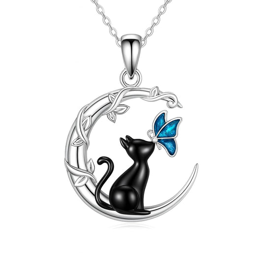 SUPAC Black Cat Reaching for the Moon Necklace, Butterfly Necklace - Crystal Moonstone Pendant, Silver Chain - Gift