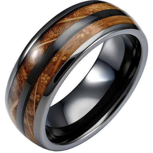 SUPAC 1pc Men's Trendy Stainless Steel Gray Whiskey Barrel Wooden Inlaid Wedding Ring - Suitable For Any Commitment Or Engagement size 7-13 (7), Brown, Black