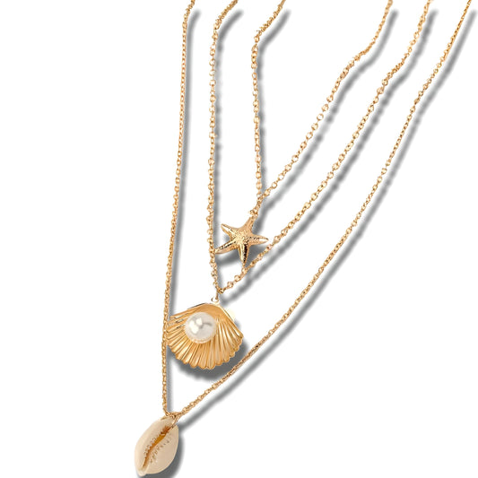 Layered Beach Necklace Set, Gold Tone Starfish Shell Pearl Pendant, 3-Piece Chain