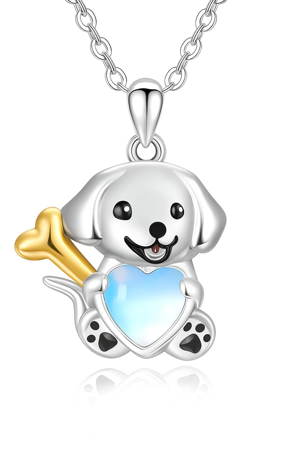 SUPAC Cute Puppy Pendant Necklace with Blue Heart and Gold Bone, 17.7 inch Chain, Silver