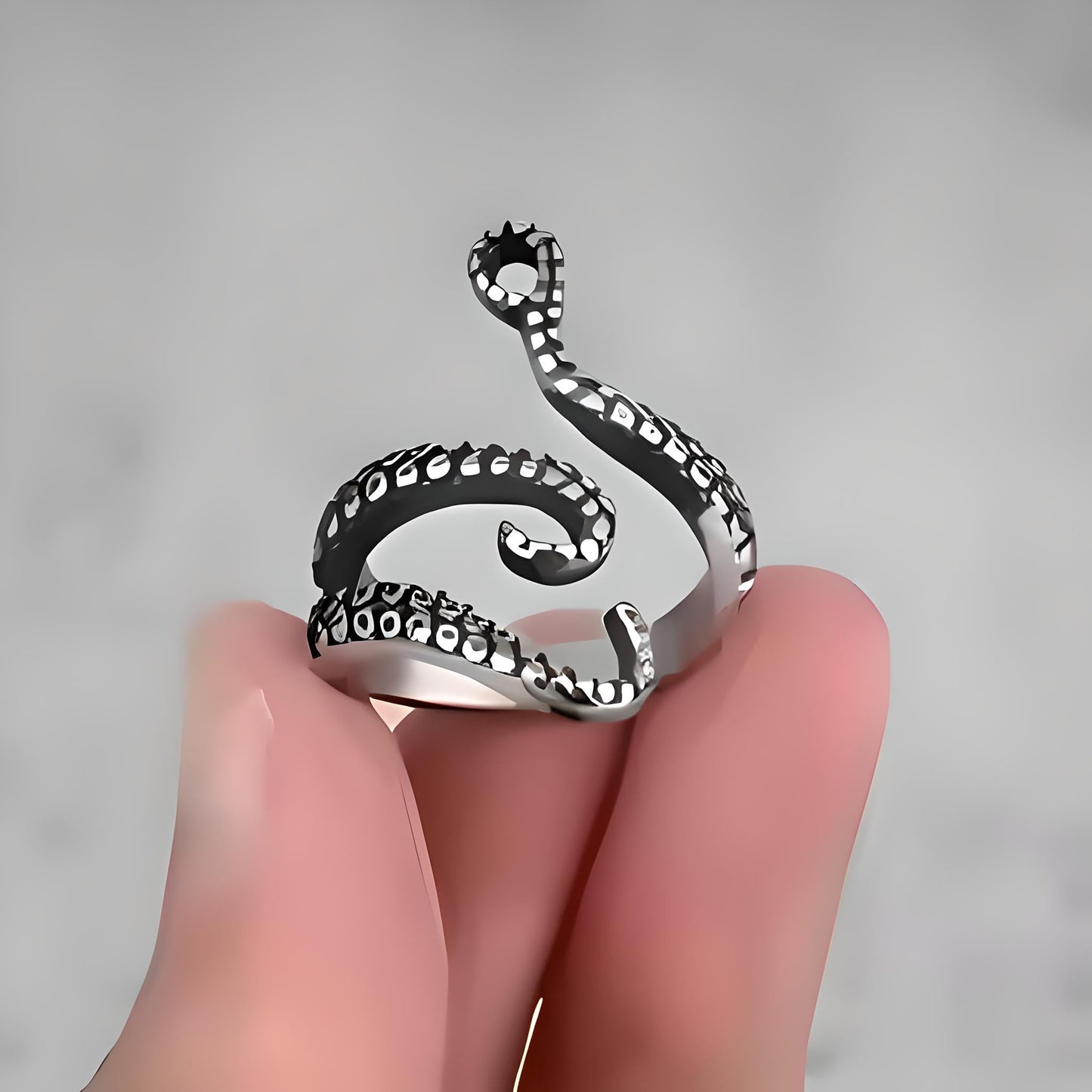 Octopus Tentacle Ring, Vintage Style, Adjustable, Silver and Black