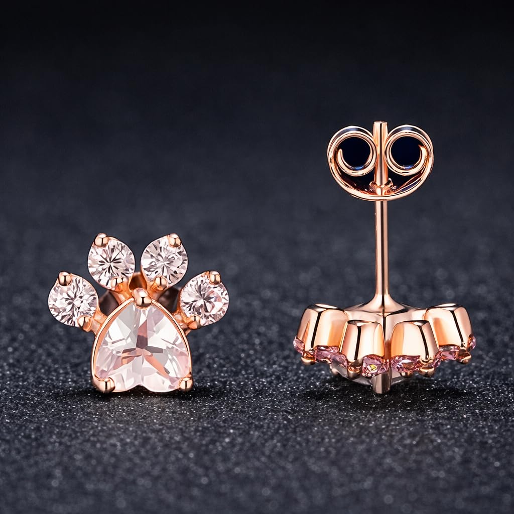 Rose Gold Cat Stud Earrings, Dog Paw Earrings, Pink Glass Crystal, Rhinestone Accents, 0.63 x 0.35 inches - Cat Earrings Gift