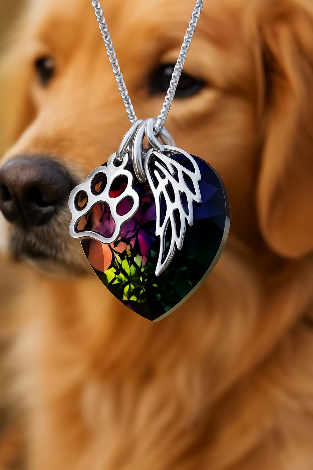 SUPAC Rainbow Crystal Heart Necklace with Paw Print and Angel Wing Charms, Silver Chain