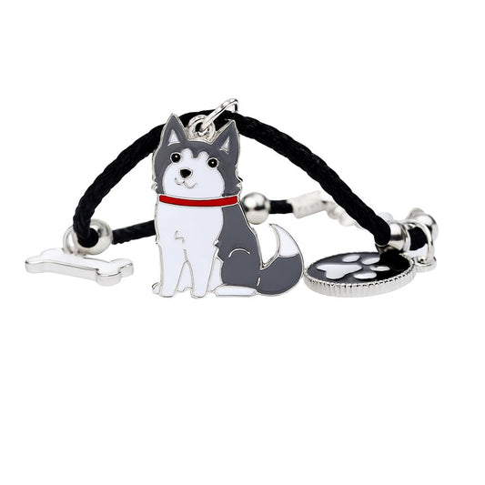 Pet Charm Bracelet with Dog Charms, Black Braided Band, I Love Dogs Design - Dog Lovers' Bracelet - Different Breeds of Dogs, Pet Lover Gift for Birthday and Holiday, Durable and Long-Lasting, Hypoallergenic and Nickel-Free, Everyday Wear (Siberian Husky)