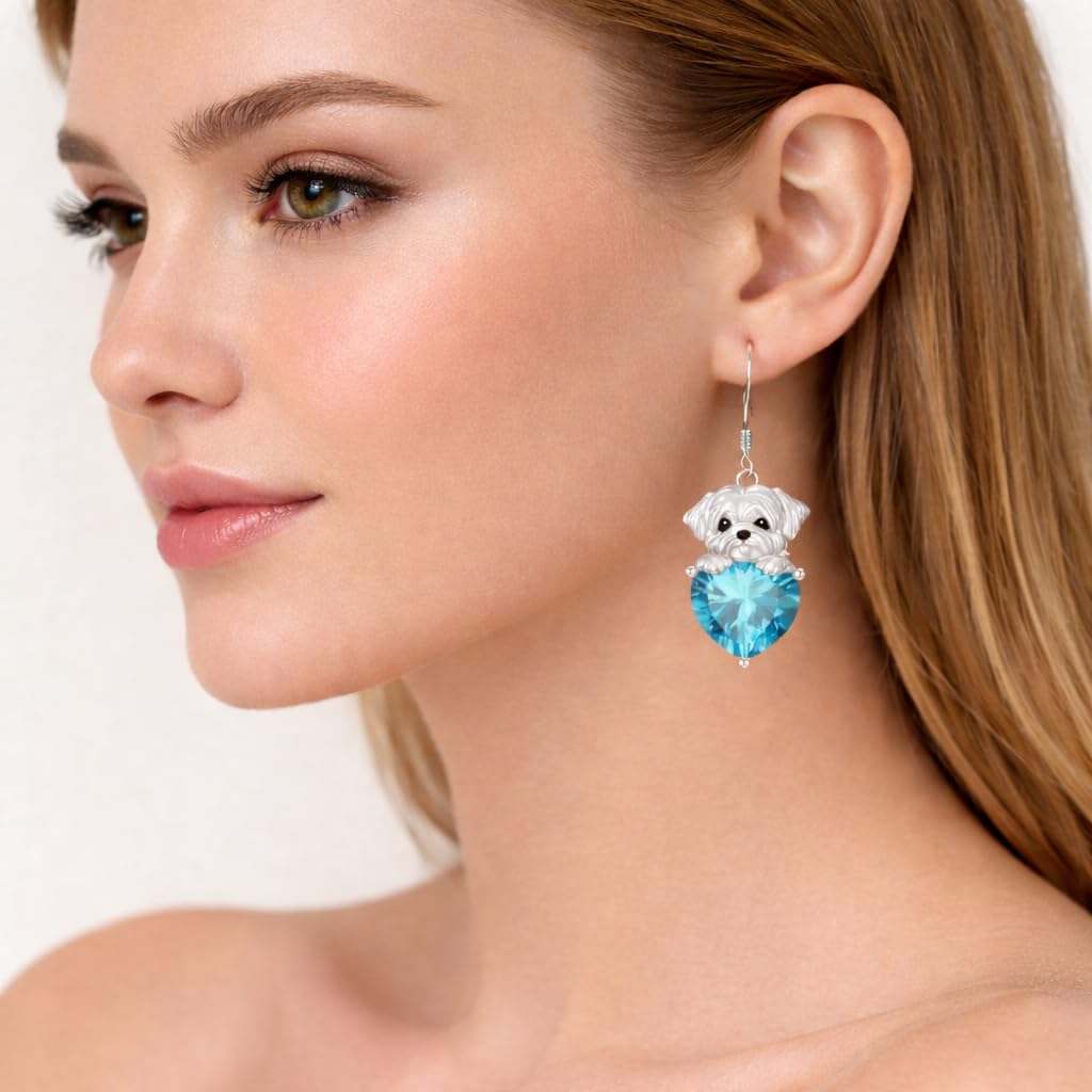 Decorative Dog Dangle Earrings, Blue Crystal Heart, Silver Shih Tzu Design