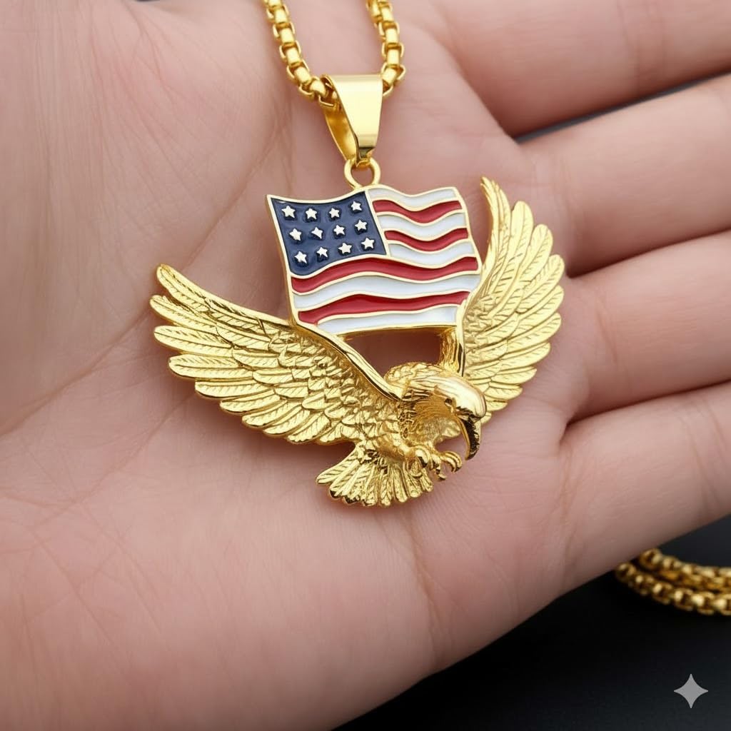 SUPAC Mens Majestic Silver Eagle with American Flag Pendant Necklace - A Bold Hip Hop Jewelry Statement, Symbol of Freedom and Unmatched Style