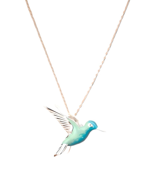 Hummingbird Pendant Necklace, Sterling Silver Chain, Turquoise Blue Enamel
