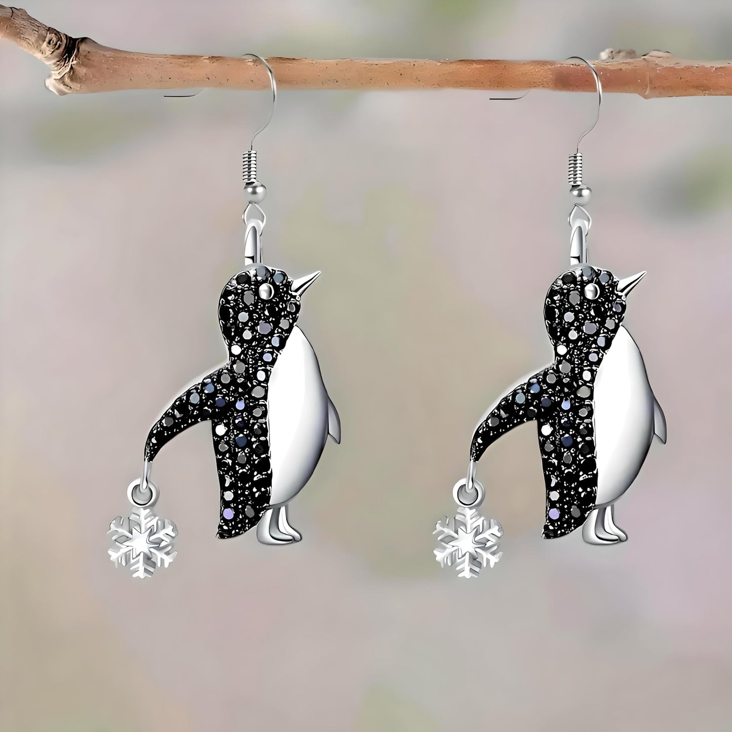 Crystal Penguin Jewelry Set, Silver Necklace and Earrings with Snowflake Charm, Black - Gift for Penguin Lovers