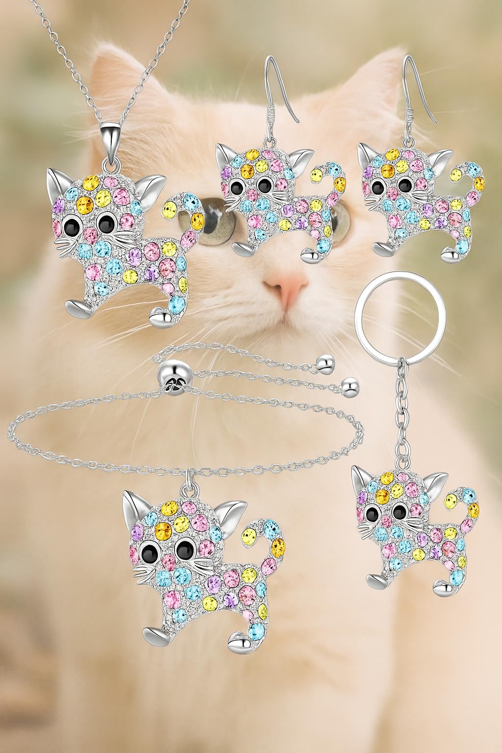 SUPAC Crystal Cat Jewelry Set with Necklace, Earrings, Bracelet and Keychain, Colorful Rhinestone Design, Silver