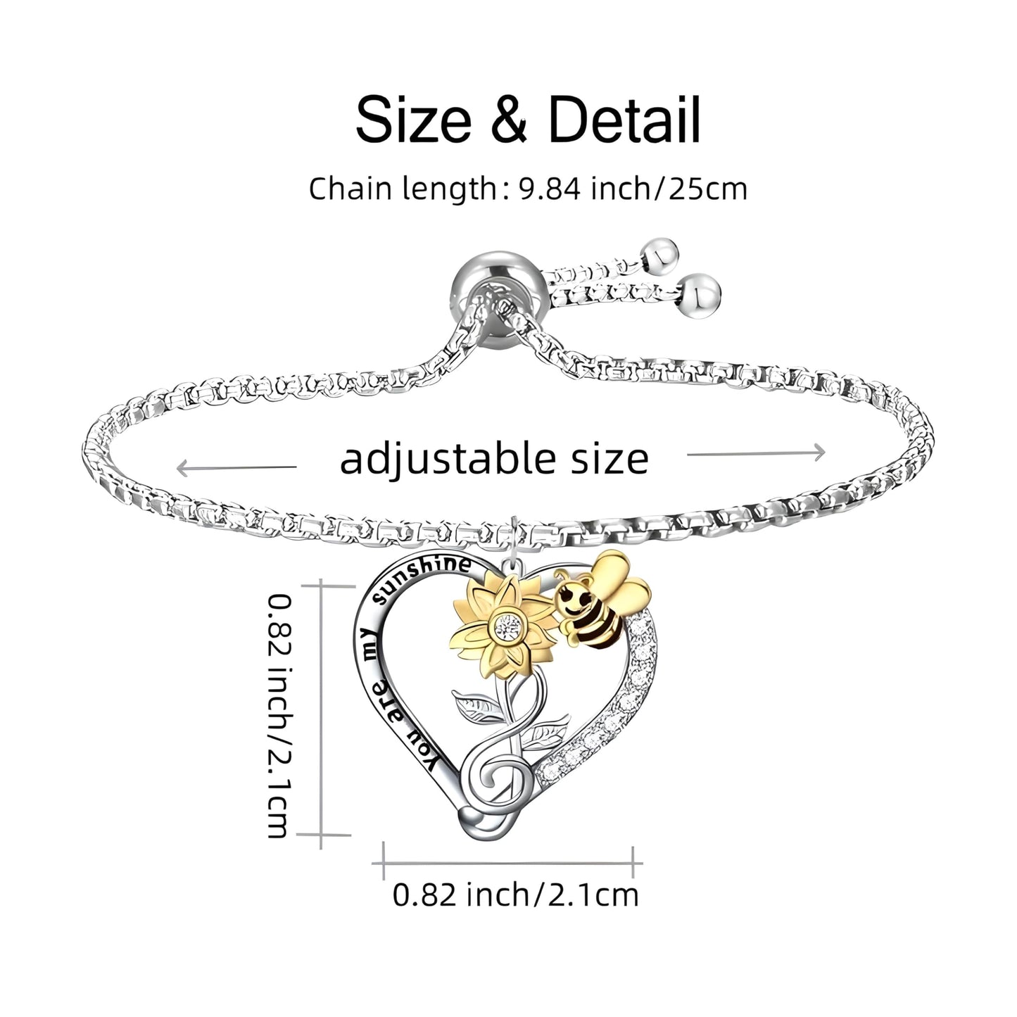 Bee and Sunflower Jewelry Set with Heart Necklace, Bracelet, Ring and Earrings, Two-Tone Silver and Gold