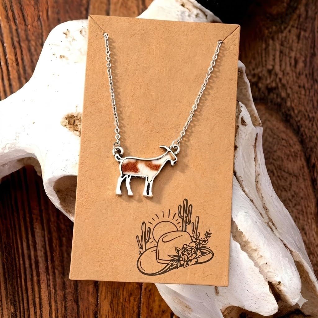 SUPAC Western Farm Animal Pendant Necklace, Cow, Horse, Goat, and Pig Hide - Silver Chain, 15.35 inch + 1.97 inch Extension