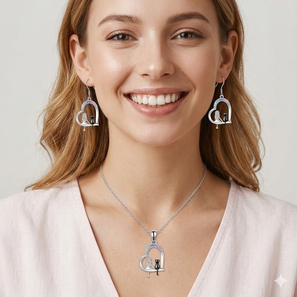 SUPAC Crystal Cat and Moon Jewelry Set, Stainless Steel Pendant Necklace with Blue and Pink Crystals, Rose Gold Cat Design, 3 Piece Set with Earrings, 0.90 Inch Width