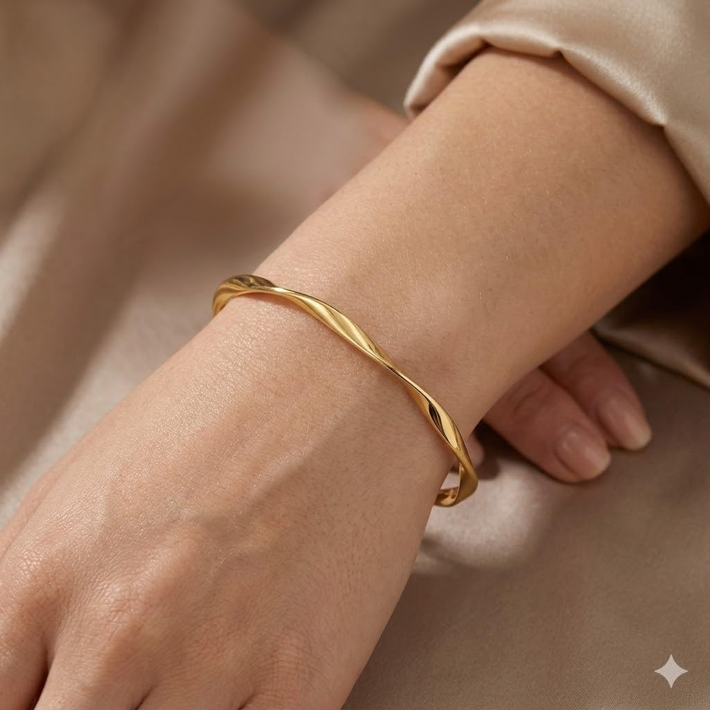 SUPAC Luxurious Twist Open Cuff Bangle - Adjustable, Minimalist Fashion, Golden Bracelet For Women - Elegant, Simple, and Versatile Accessory for Any Occasion - Christmas or Birthday Gift