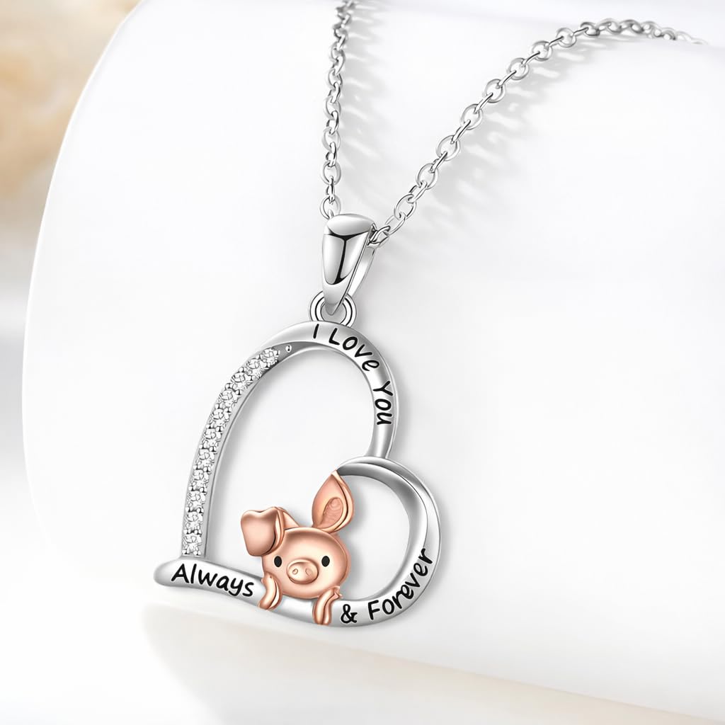 SUPAC Crystal Heart Pendant Necklace with Rose Gold Pig Design, Stainless Steel Chain, I Love You Always & Forever Message, CZ Diamonds, 17.5 Inch