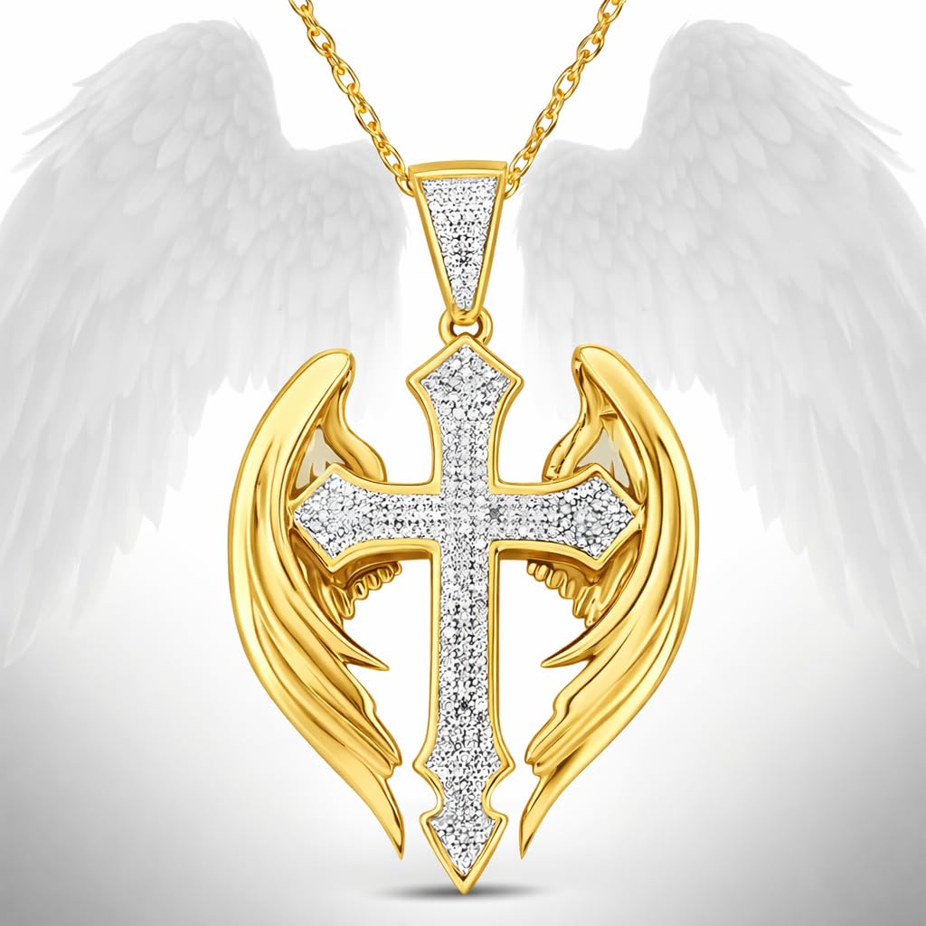 SUPAC Exquisite Golden Angel Cross Pendant Necklace for Men - Elegant Religious Jewelry for Christmas, Birthday Gifts - Unique Faith Symbol with Durable Chain