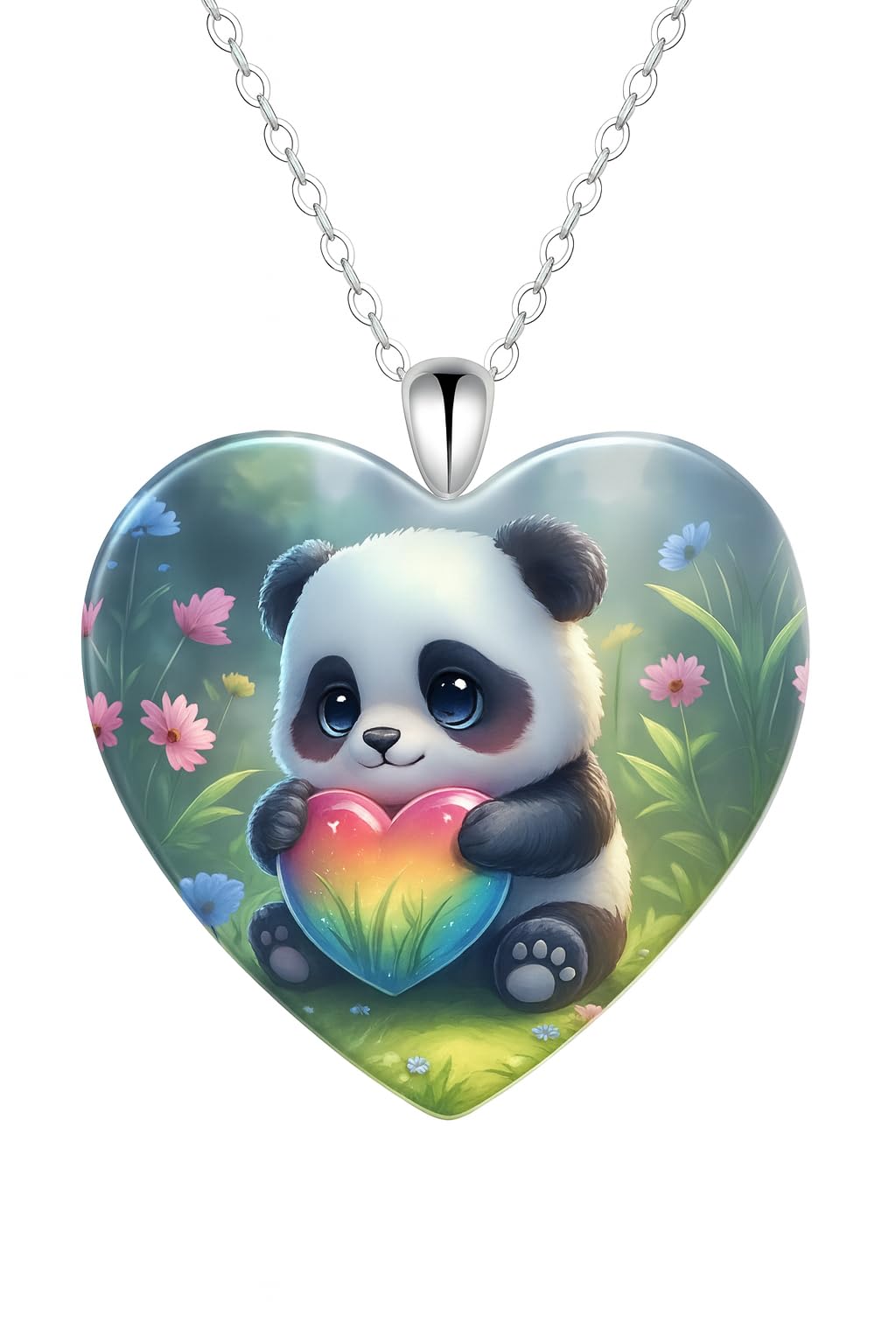 Cute Panda Holding Fireflies in Heart-Shaped Pendant Necklace, Stainless Steel Necklace with Glass Pendant, (Green and Blue Options) 'I Love you Today, Tomorrow, Always' Engraved - Christmas, Holiday, or Birthday Gift (Green)
