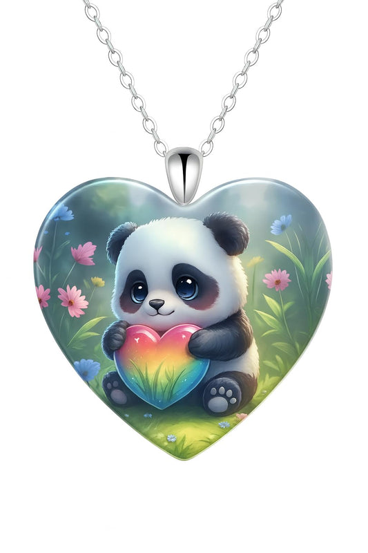 Cute Panda Holding Fireflies in Heart-Shaped Pendant Necklace, Stainless Steel Necklace with Glass Pendant, (Green and Blue Options) 'I Love you Today, Tomorrow, Always' Engraved - Christmas, Holiday, or Birthday Gift (Green)