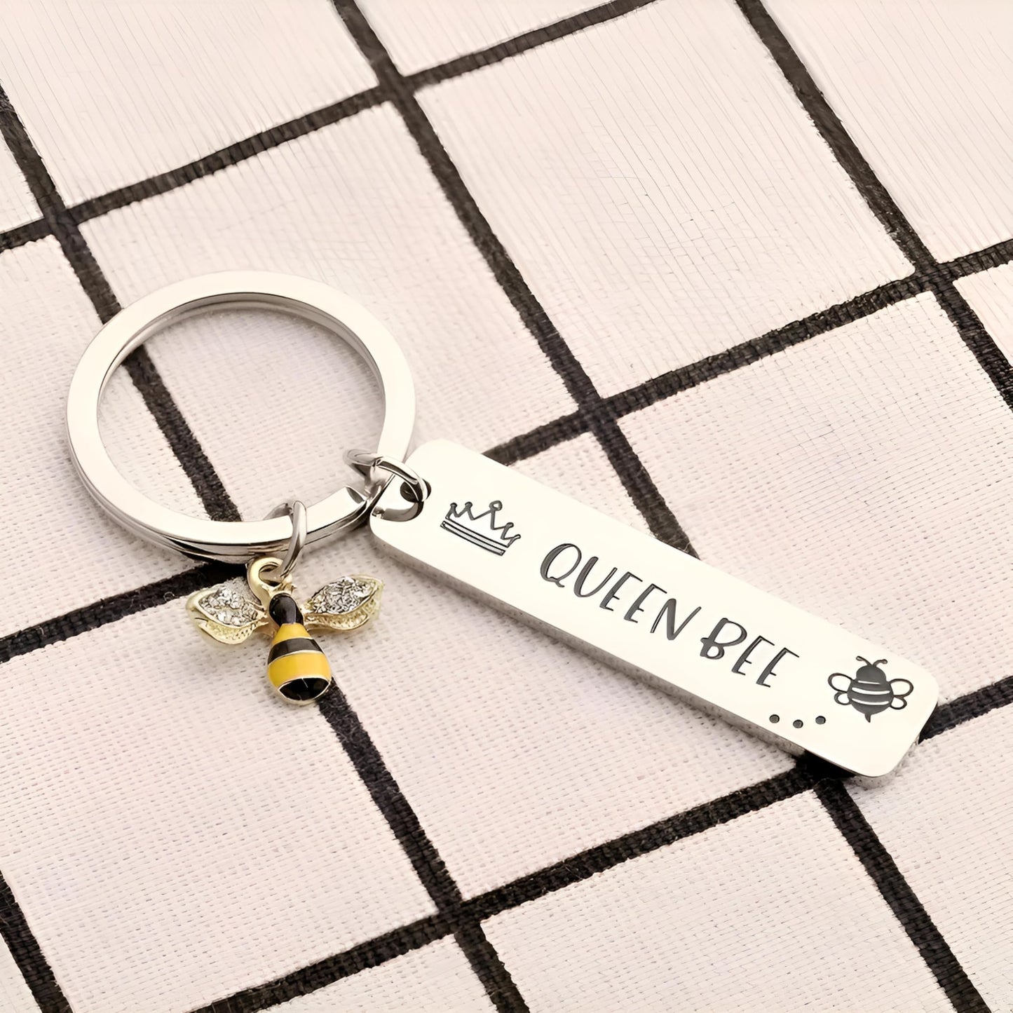 SUPAC Queen Bee Keychain with Crystal Bee Charm, Stainless Steel Bar Tag, Crown Design, 5cm Length - Bee Lovers' Gift