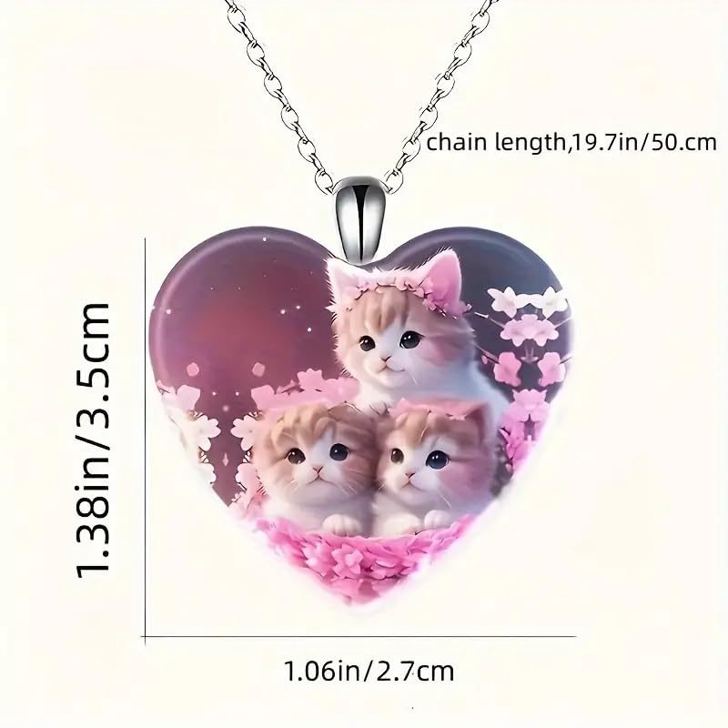 3 Cute Cuddily Kittens with Flowers Heart Pendant Necklace, Stainless Steel Necklace, 'I Love you Today, Tomorrow, Always' Engraved - Christmas, Holiday, or Birthday Gift