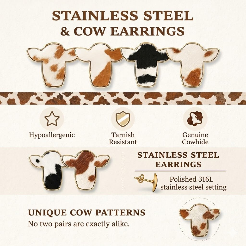 Cowhide Print Stud Earrings, 3-Set Gold-Tone Farm Animal Design, 0.78 x 0.62 inches -Brown, Orange, and Black Colors