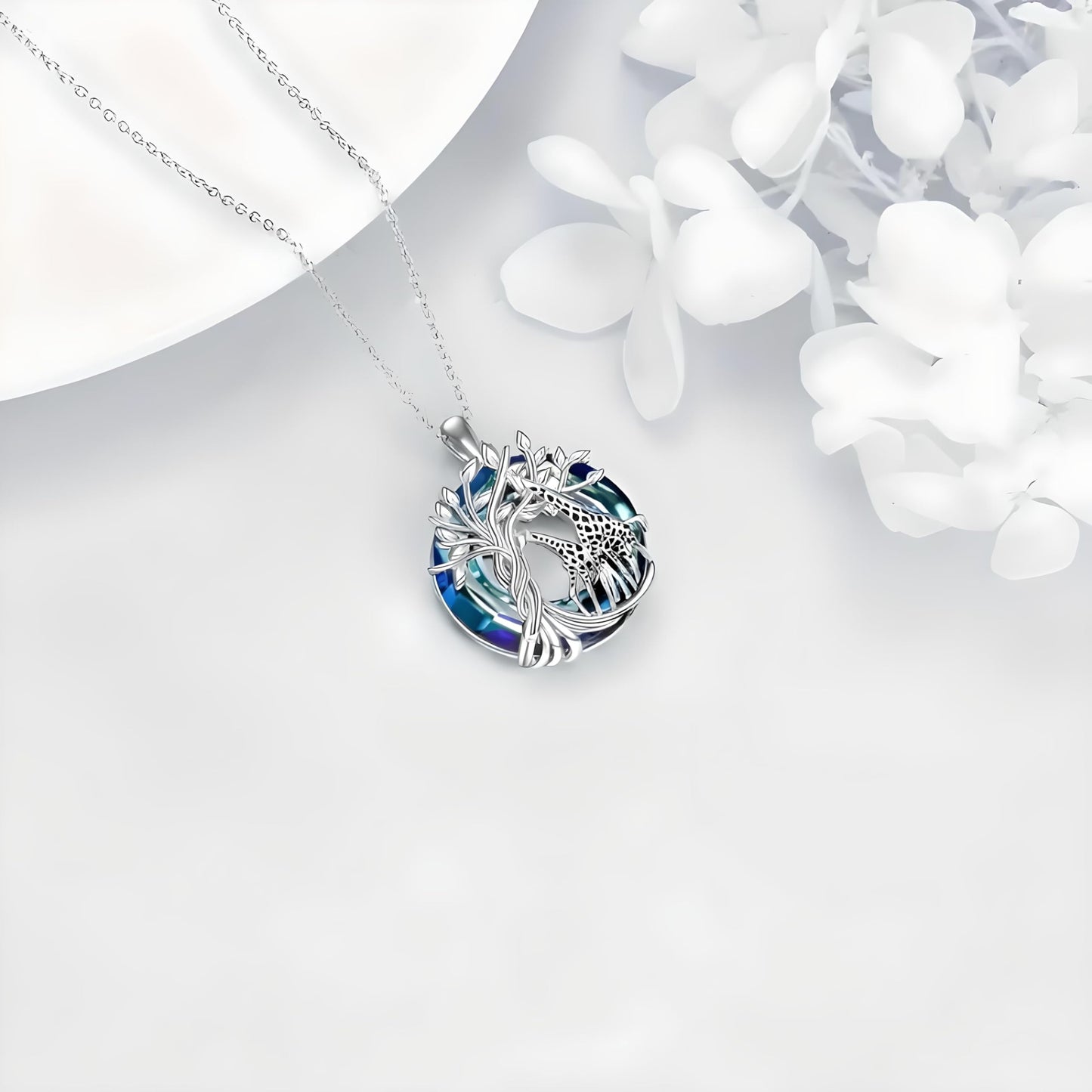 Sterling Silver Tree of Life Giraffe Pendant Necklace, Giraffe Head Pendant Necklace Giraffe, Blue Crystal Background, Gift for Animal Lovers!