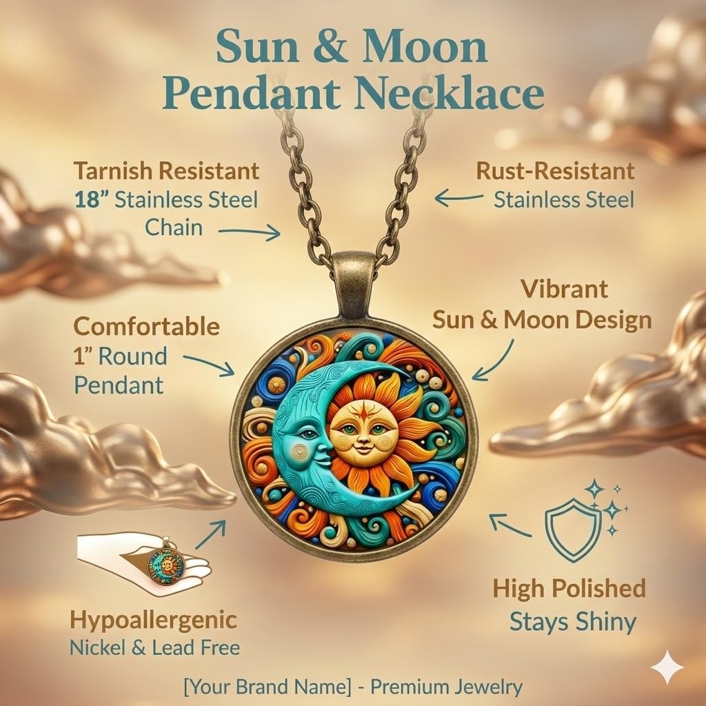 1pc Stunning Round Pendant Necklace - Unique Sun & Moon Pattern, Oil Painting Style Glass Mosaic, Alloy Construction, Trendy Sweater Chain, Fashionable Gift for Women - Christmas or Birthday Gift