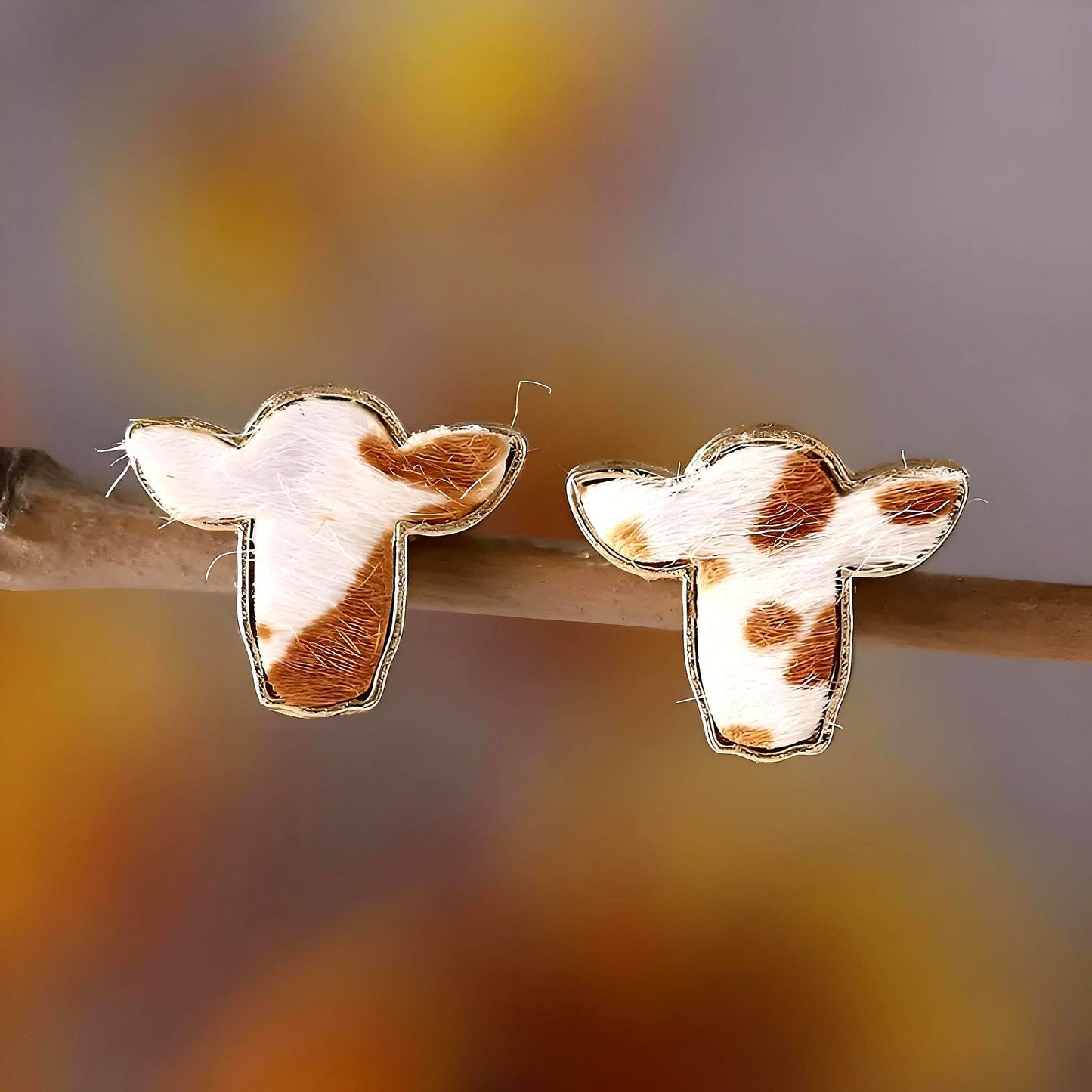 Cowhide Print Stud Earrings, 3-Set Gold-Tone Farm Animal Design, 0.78 x 0.62 inches -Brown, Orange, and Black Colors