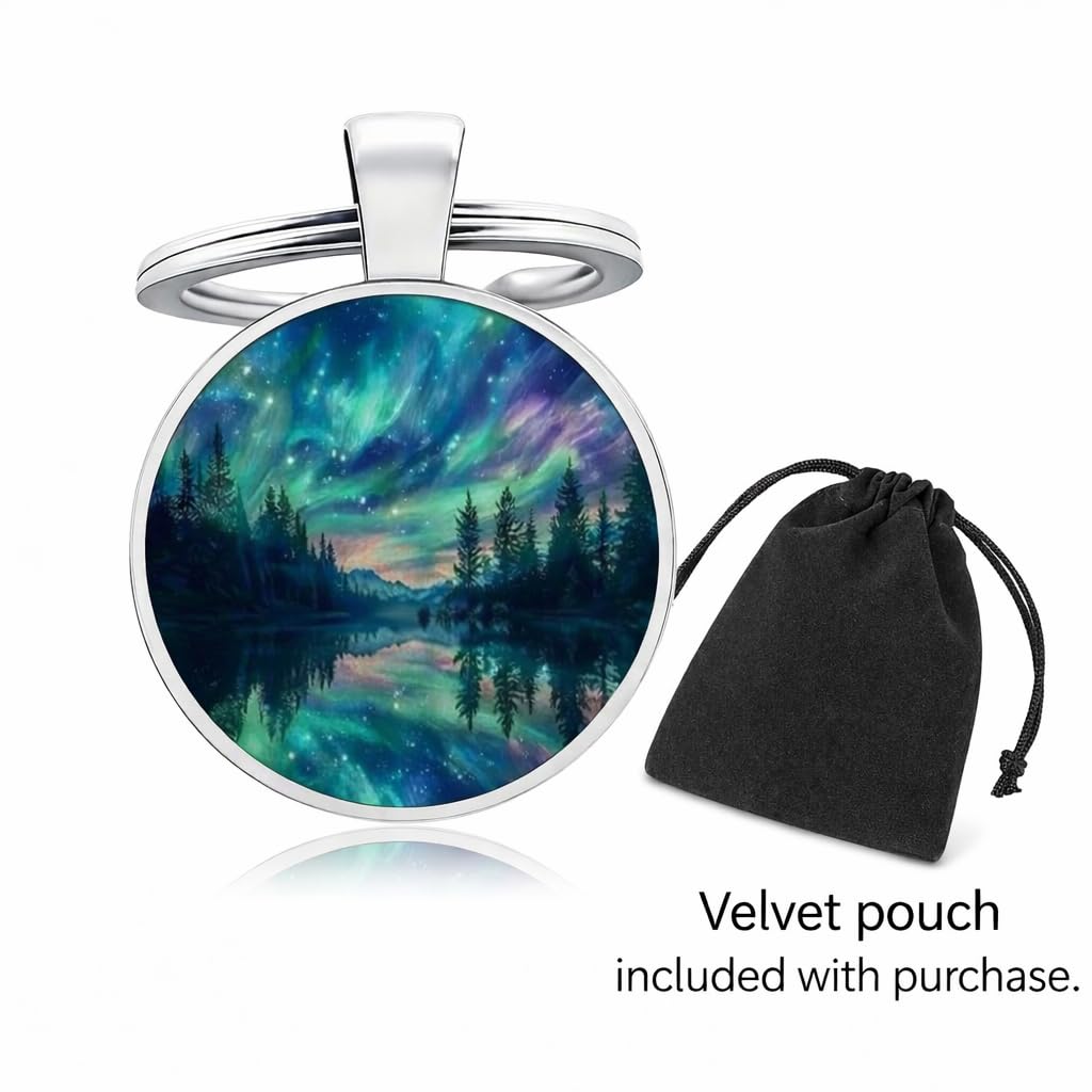 SUPAC Mountain Sunset Stained Glass Art Keychain, Nature Scene Design, Round Pendant (Aurora Borealis)