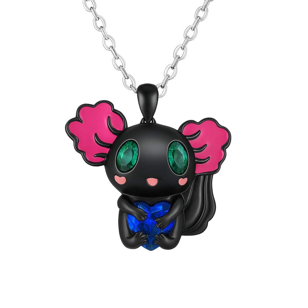 SUPAC Cute Axolotl Pendant Necklace, 19.7 inch Chain, Crystal Heart Design, 3 Colors - Axolotl Gift