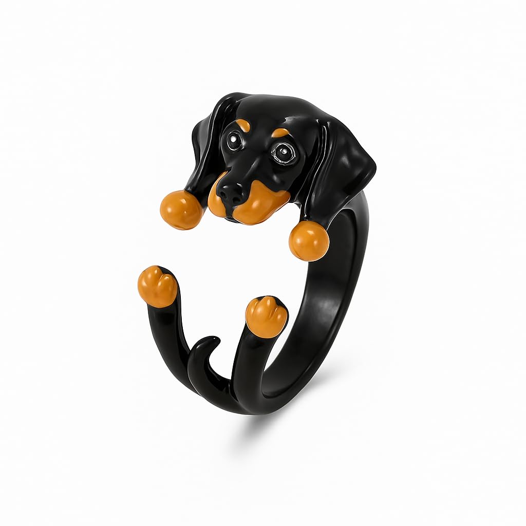 SUPAC Adjustable Silver Dog Ring, Westie Terrier and Bulldog Design, Fashion Jewelry (Black and Orange Dachshund)