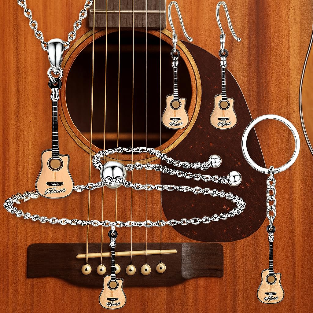 SUPAC Guitar Jewelry Set, 5 Pieces, Acoustic Guitar Pendant Necklace, Bracelet, Earrings and Keychain, Silver Chain