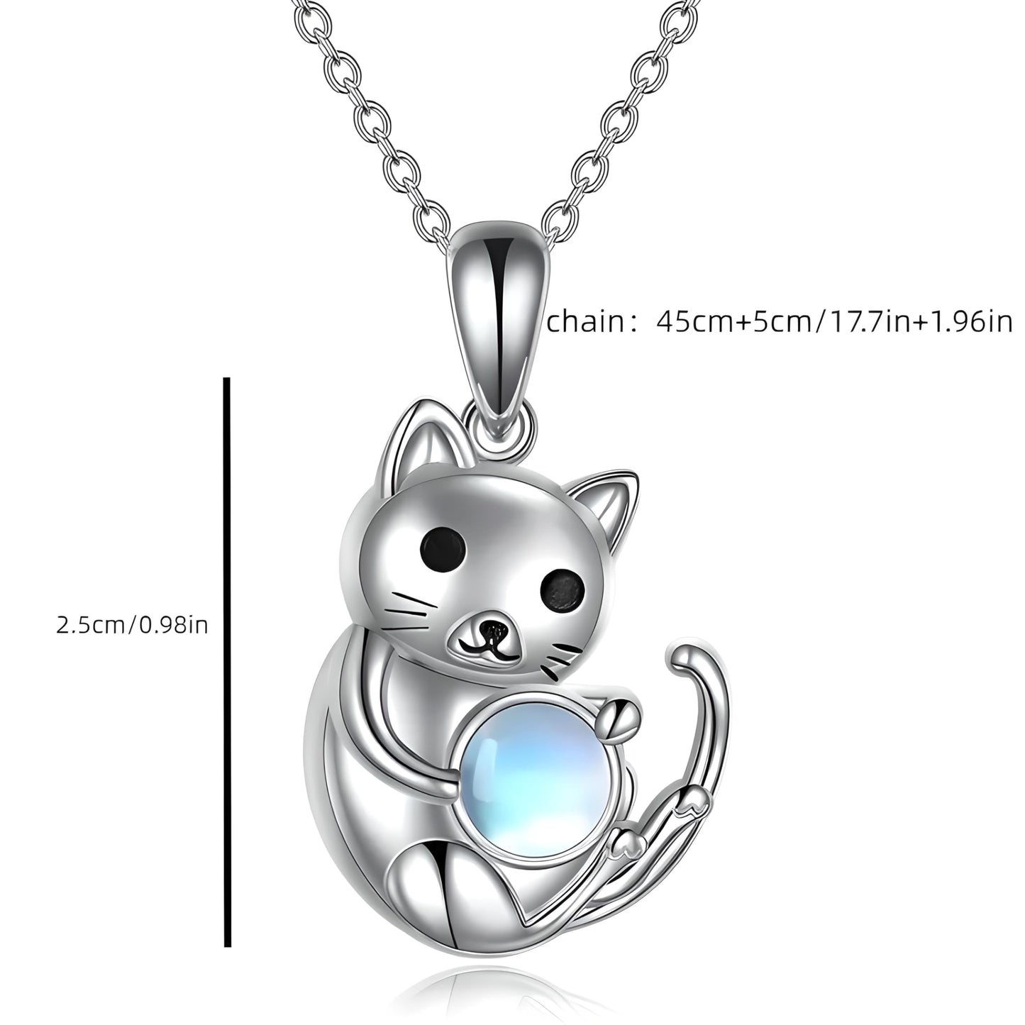 SUPAC Winking Cat Pendant Necklace Playing With Blue Ball, Sterling Silver Chain, Moonstone Ball Charm - Animal Lovers' Gift (Sitting Cat)