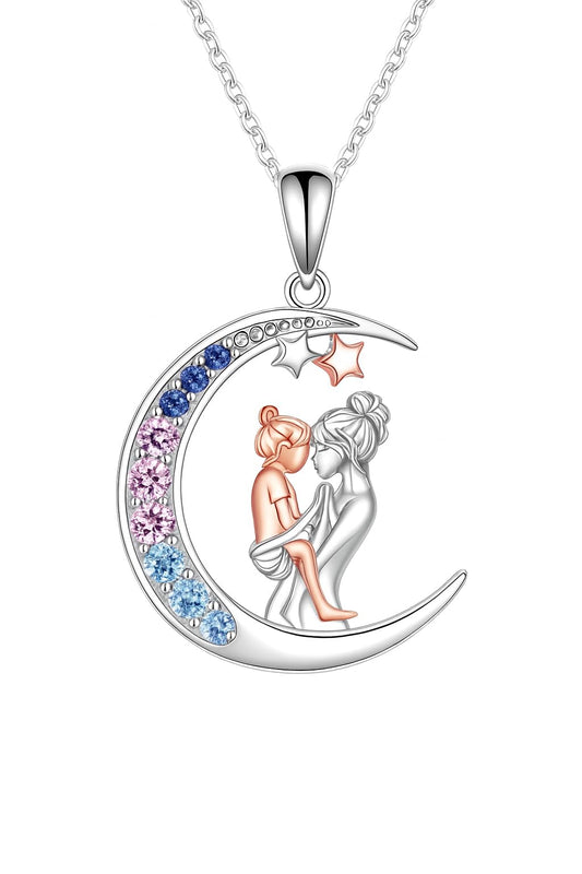 SUPAC Heart-Shaped Mother's Day Necklace, Family + Mother Necklace Options with Crystal Accents, Mother and Daughter Pendant Gift, Silver and Gold-Tone, 'I Love You Always & Forever' Message (Moon)