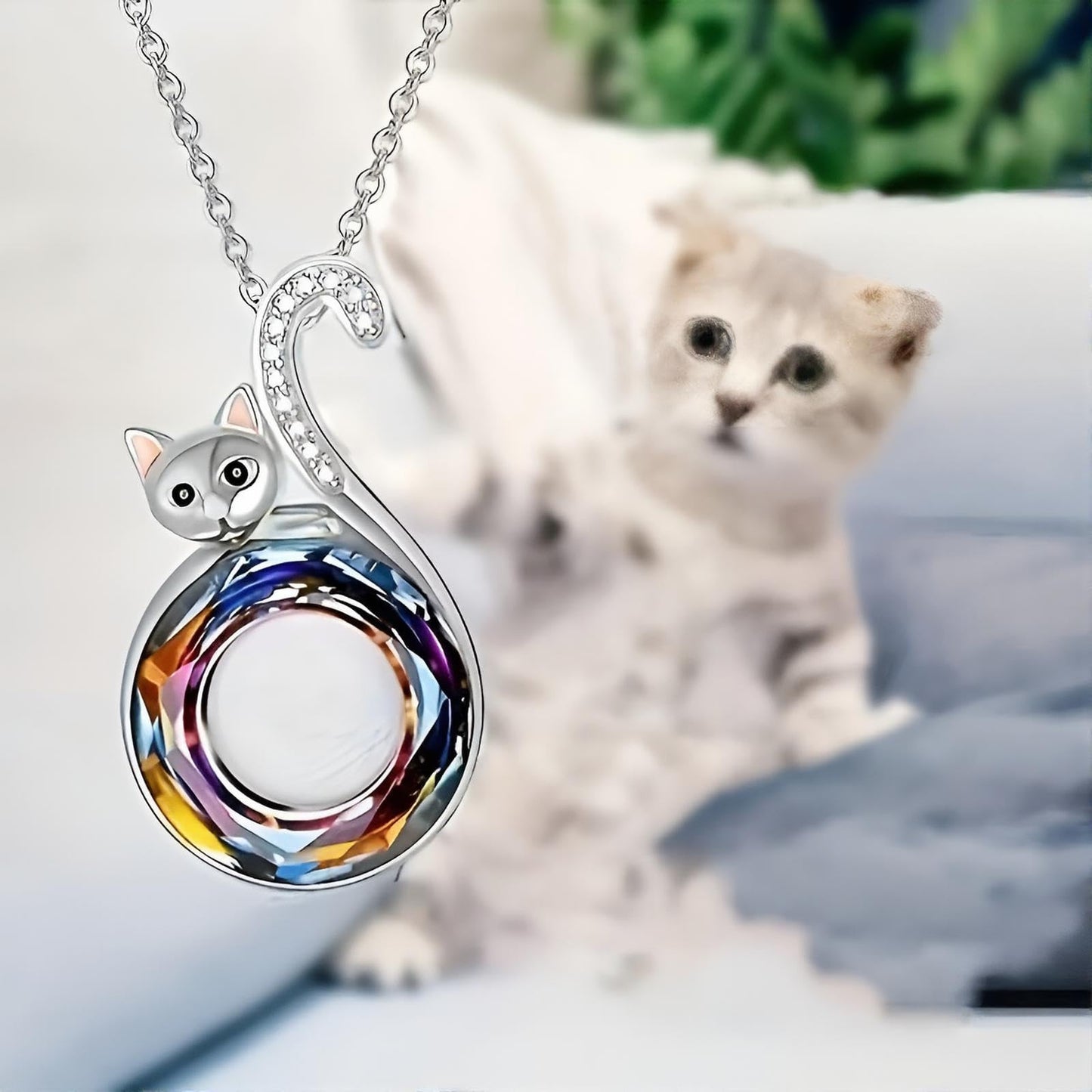 Stainless Steel Cat Circle Necklace, Crystal Design - Cat Jewelry Gift