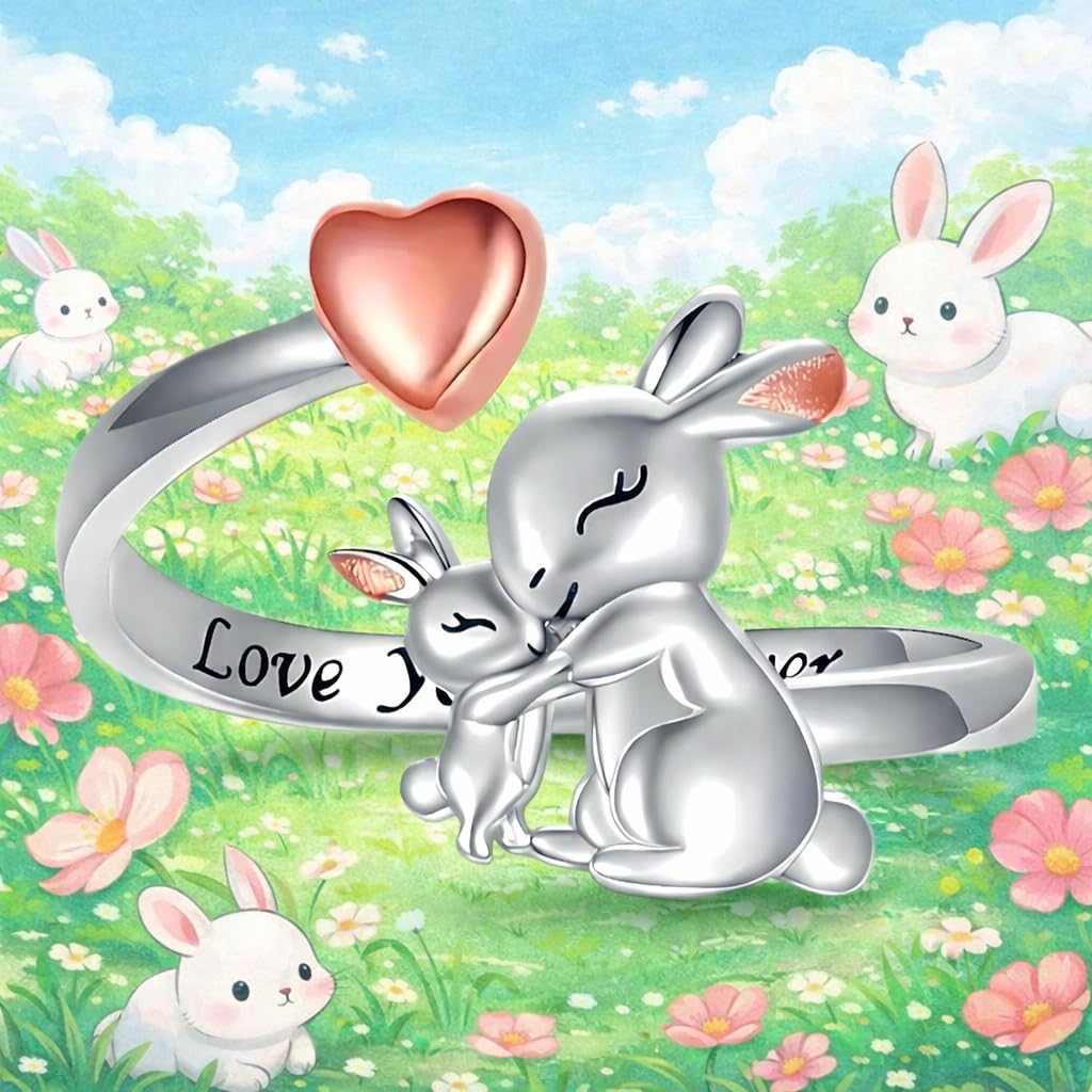 Silver Mom Daughter Adjustable Animal Ring Love Heart Animal Rings Jewelry Mother's Day Gifts for Women Wife Nana 6+ Variaitons (Rabbit)