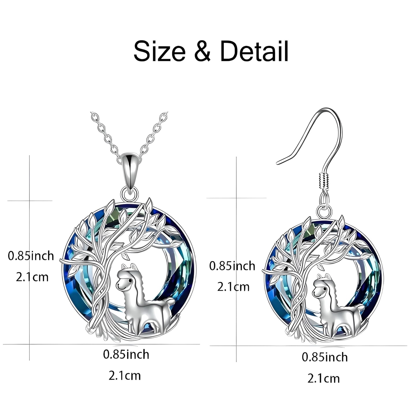 Alpaca Tree of Life Jewelry Set, Silver Pendant Necklace and Drop Earrings, Blue Crystal, 0.85 inch