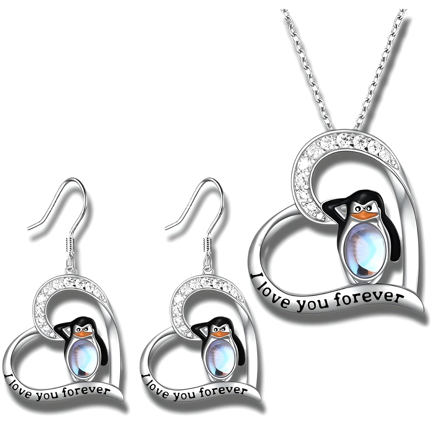 Sterling Silver Penguin Pendant Necklace with Opal Stone and CZ Accents, 'Love You Forever' Engraved - Happy Feet Penguin