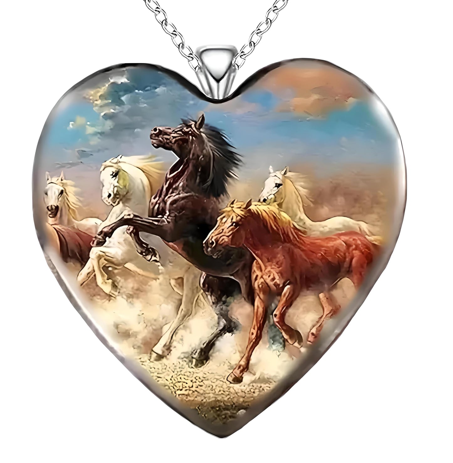 Heart-Shaped Pendant Necklace with Different Animals - Panda, Horse, Deer, Cat, Elephant, Dog Scenic Views, Stainless Steel Necklace with Glass Pendant - Christmas, Holiday, or Birthday Gift