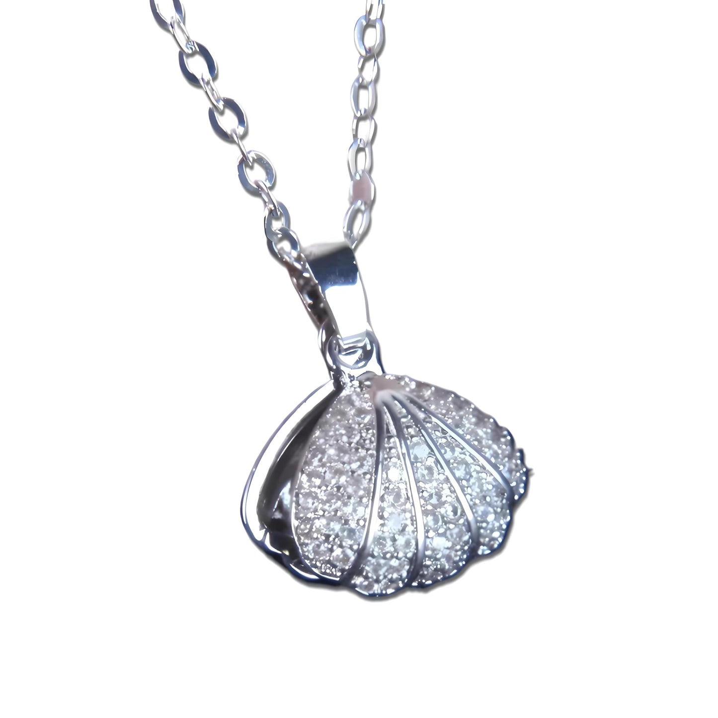 Crystal Shell Pearl Pendant Necklace, 18 Inch Chain with 2 Inch Extender, Silver