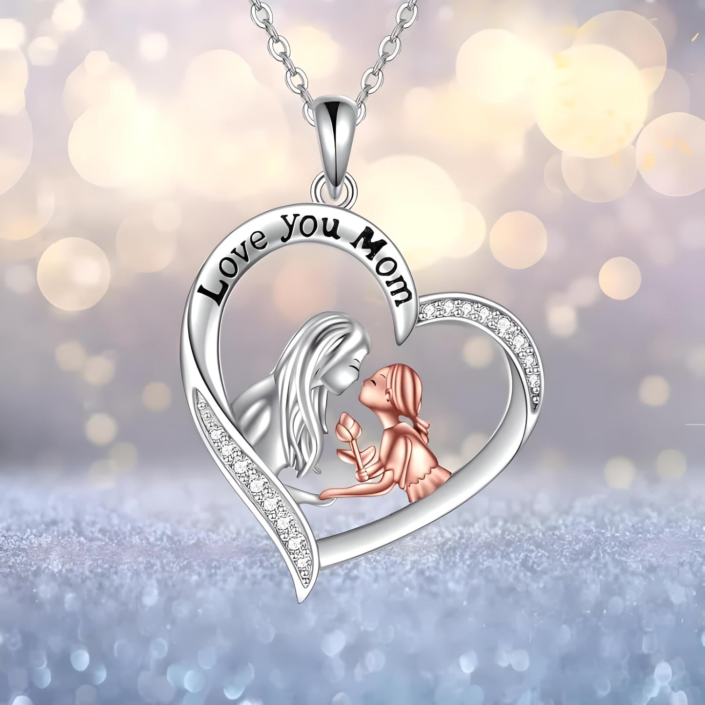 SUPAC Heart-Shaped Mother's Day Necklace, Family + Necklace Options with Crystal Accents, Pendant Gift, Silver and Gold-Tone, 'I Love You Always & Forever' Message (Mother + Daughter)
