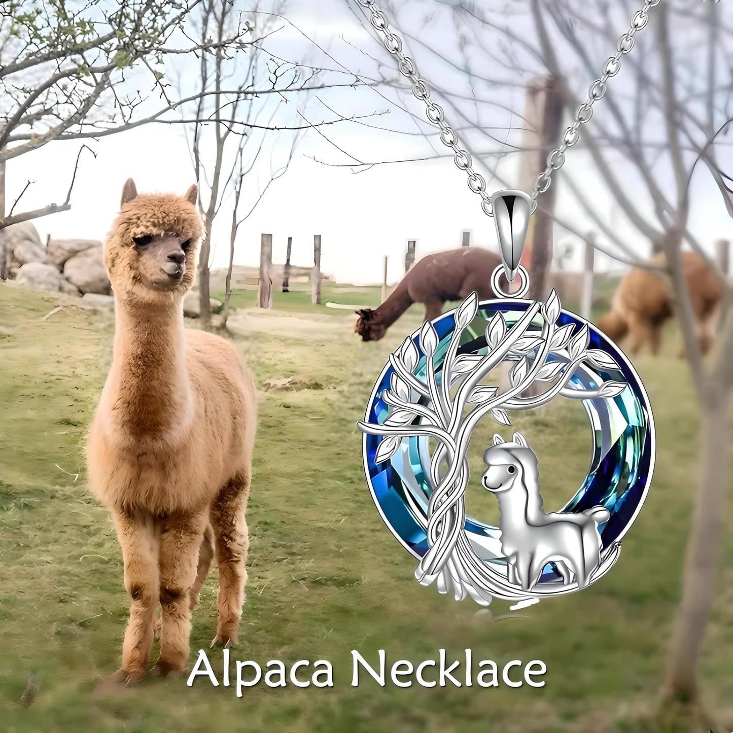 SUPAC Alpaca Tree of Life Jewelry Set, Silver Pendant Necklace and Drop Earrings, Blue Crystal, 0.85 inch