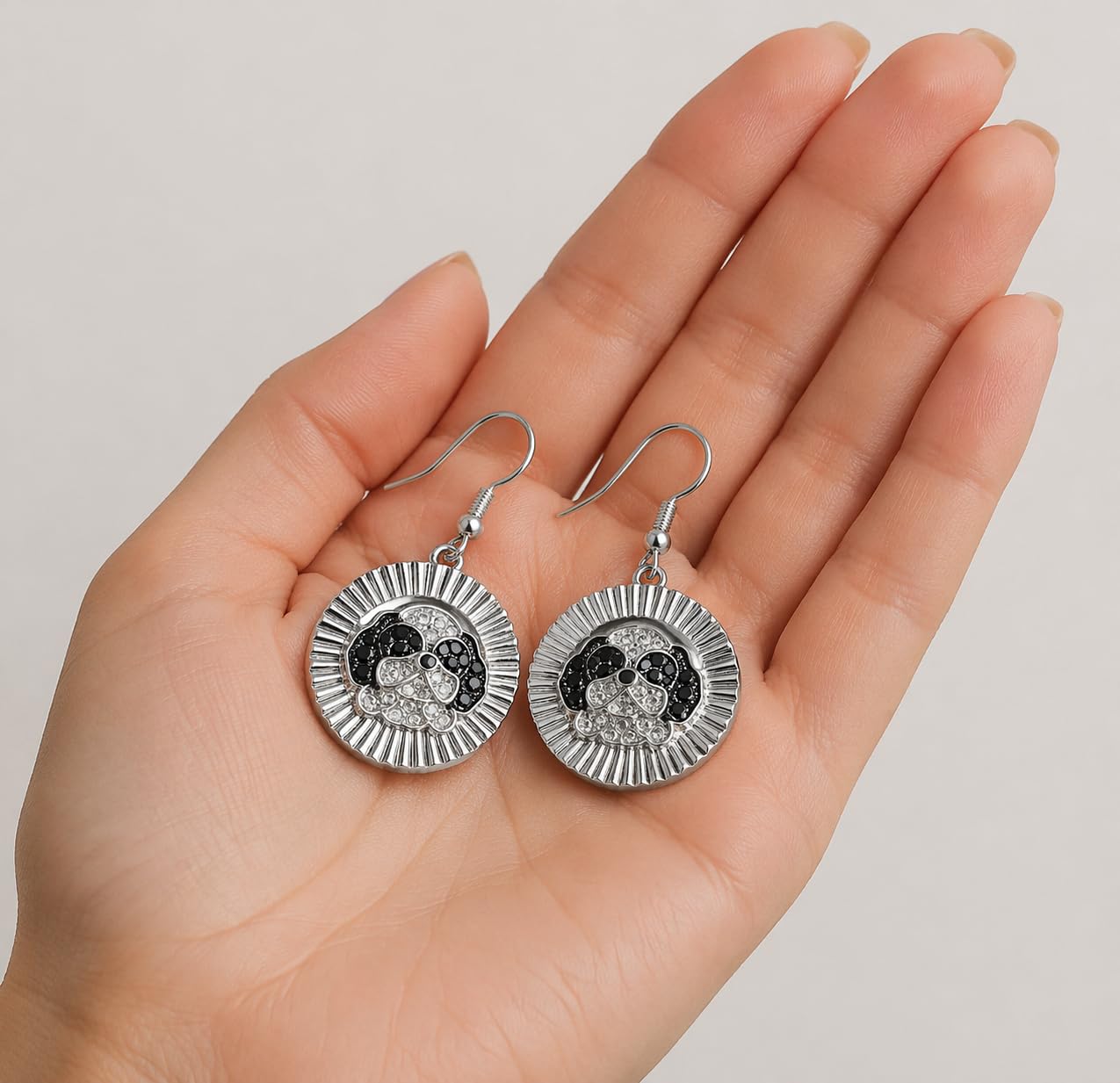 Shih Tzu Drop Earrings, Silver Plated Stainless Steel, Dog Face Pendant, Hypoallergenic, Tarnish Resistant, 0.98 in