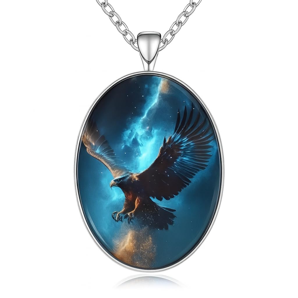 SUPAC Galaxy Eagle Pendant Necklace, Oval Shaped with Night Sky/Solar System Design - Christmas, Holiday, or Birthday Gift