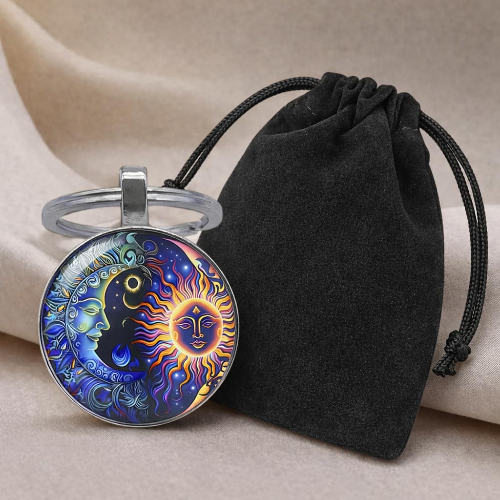 Celestial Sun and Moon Pendant Keychain, 17.7 inch Chain, Colorful Mystical Design (Celestial Sun and Moon Keychain)