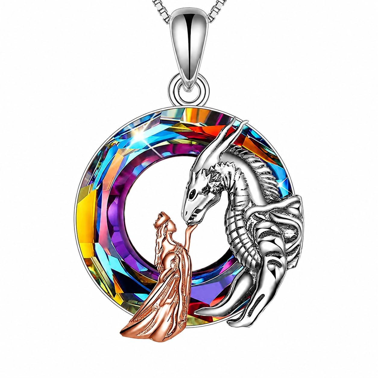 Fantasy Dragon and Maiden Jewelry Necklace - Rainbow Crystal Collection