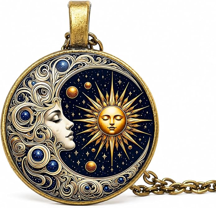 Vintage Celestial Sun & Moon Pendant Necklace, Bronze Chain - Mystical Jewelry